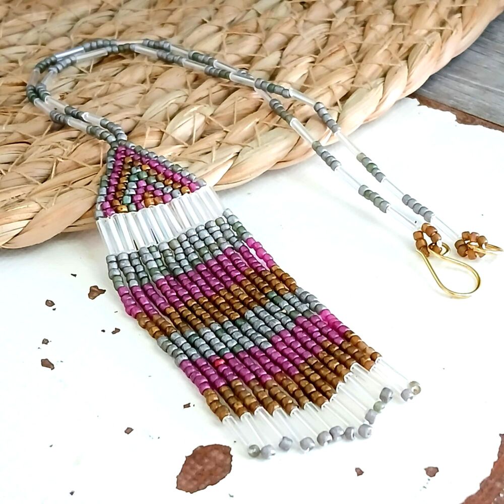 Boho Chic Beaded Fringe Choker Necklace, Seed Bead Jewelry, Statement, 14"